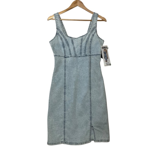 REWASH sz Large Juniors Denim Dress Tight Fit Front Slit Back Zip Acid Wash Blue - Picture 1 of 6